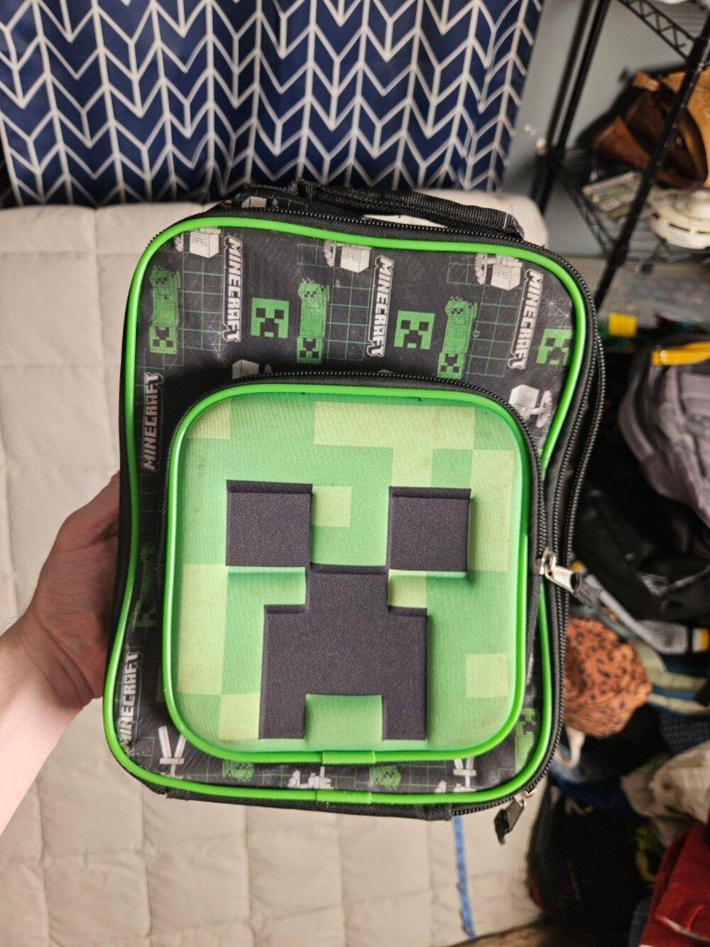 Minecraft Creeper Insulated Lunch Bag Box Green Black Zip Pocket